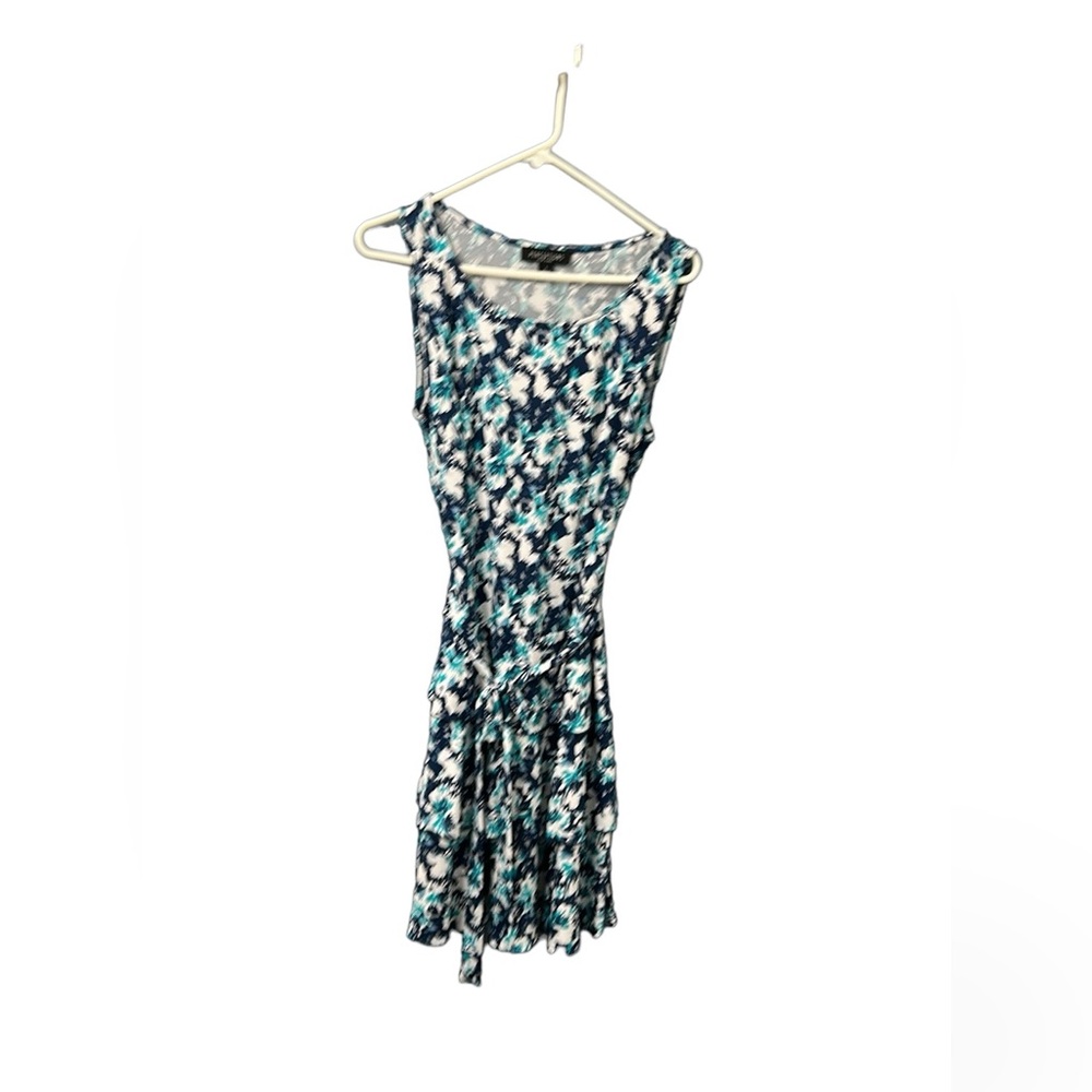Perceptions NY sleeveless ruffled dress white blue teal floral print size L